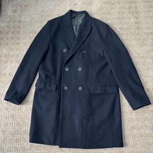 H&M Wool Blend Pea Coat Mens 46R Navy Blue Long Preppy Double Breasted Overcoat